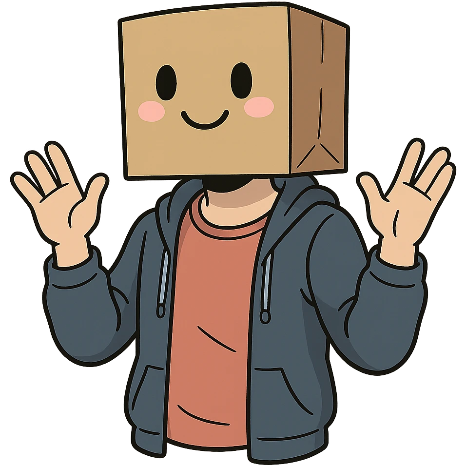 a person wearing a box with a cute smiling face drawn on it, cartoon style emoji
