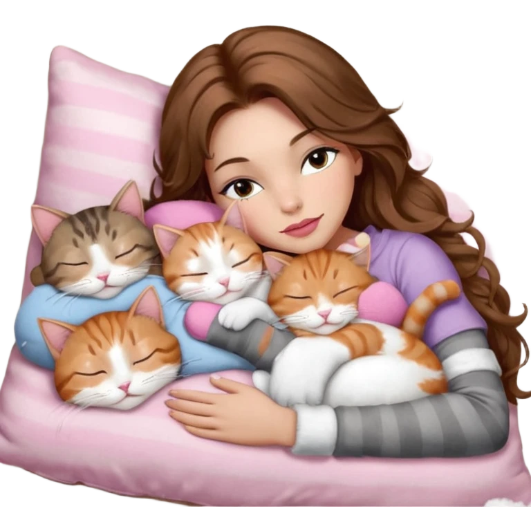 girl with long wavy brown hair, brown eyes, long lashes makeup, sexy pink lips, light to medium complexion,  sleeping on a cozy pillow, with 6 cats: 1 brown and white tabby cat, 1 ginger and white, 2 grey and white, 1 grey has white mittens and small white patch on its chest and 1 calico, sleeping emoji