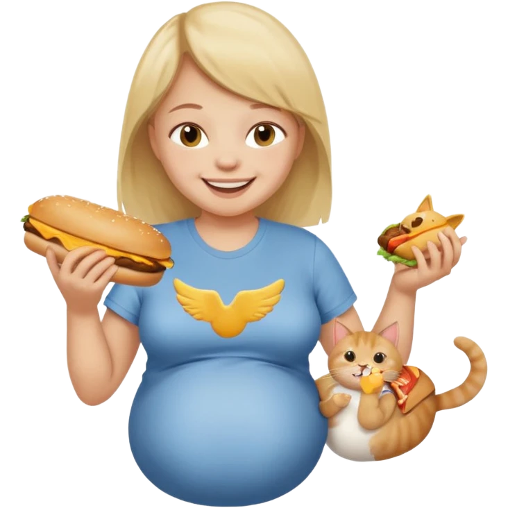 Pregnant person with downsyndrome flying on a cat while eating a cheese burger emoji