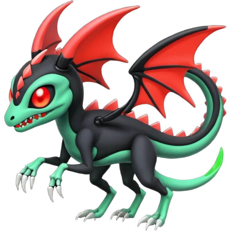 Obsidian-black and neon-glowing-green skeletal Meloetta-Salandit-Gorebyss-Salazzle-Pokémon-Fakémon-creature-fusion-hybrid with glowing crimson-red evil slit eyes emoji