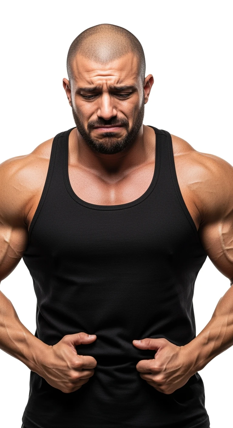 BODYBUILDER CHE SI INDICA I FIANCHI CON ESPRESSIONE AFFLITTA, ISOLATO SU SFONDO BIANCO, IPERREALISTICI 4K emoji