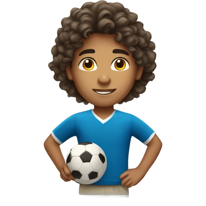 Hispanic boy with long curly hair wearing a soccer shirt emoji