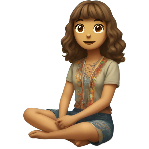 Girl with shoulder length wavy brown hair with bangs in hippie clothing  mediating by lake with trees  emoji