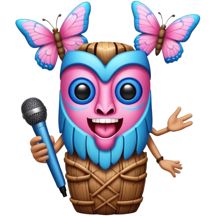 Cartoon Blue and pink tiki singing with butterfly and in the mikrophone emoji