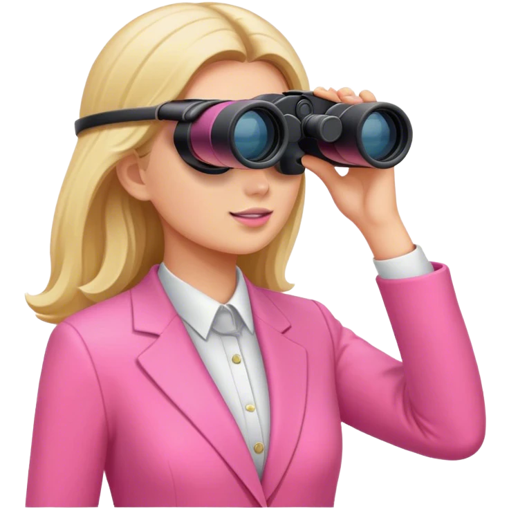 white female employee in pink suit using binoculars emoji