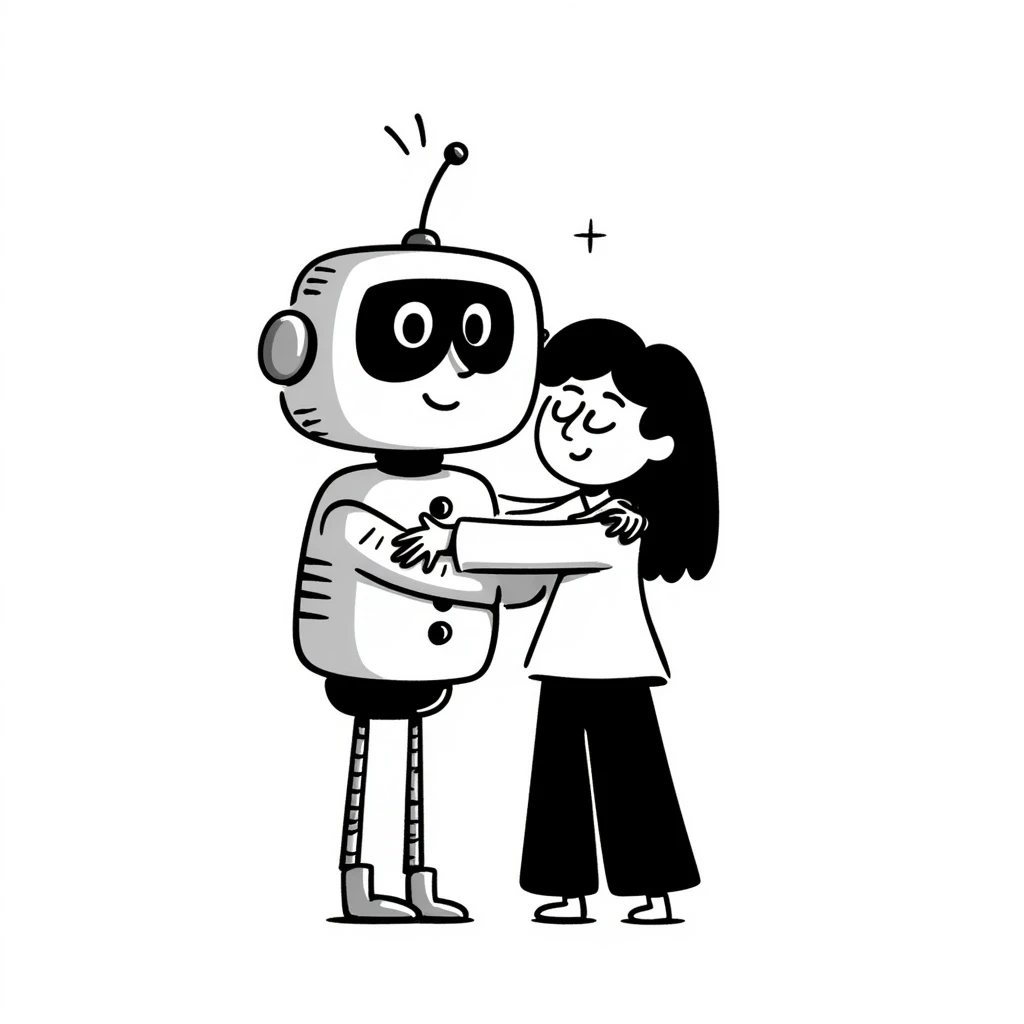 robot hugging human, hand-drawn doodle style emoji