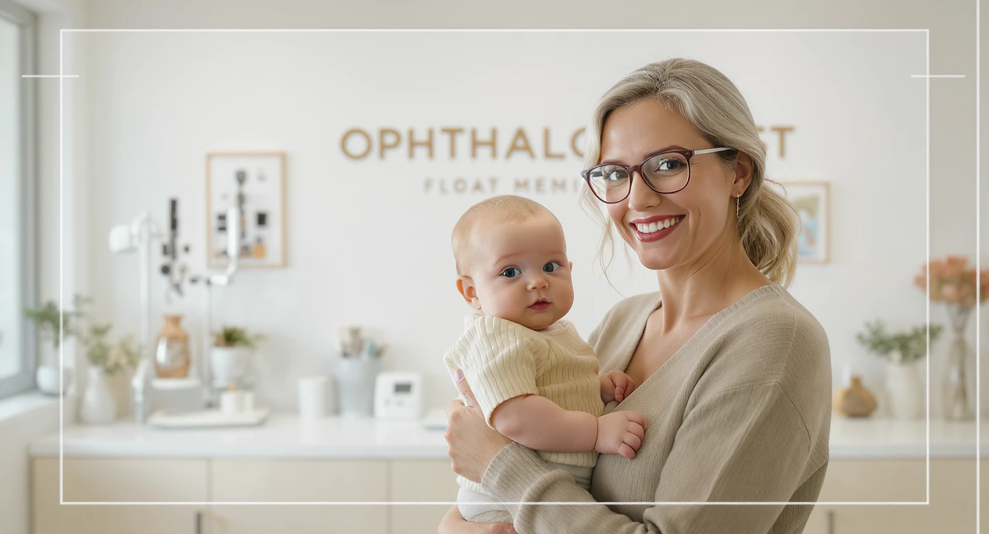 Cinematic still, Proffesional advertising of a smiling european white woman with glasses smiling holding baby, minimalistic ophthalmologist interior in background, leading  lines, "rule of thirds", 60/30/10 colors, soft light, warm colors, frame within a frame emoji