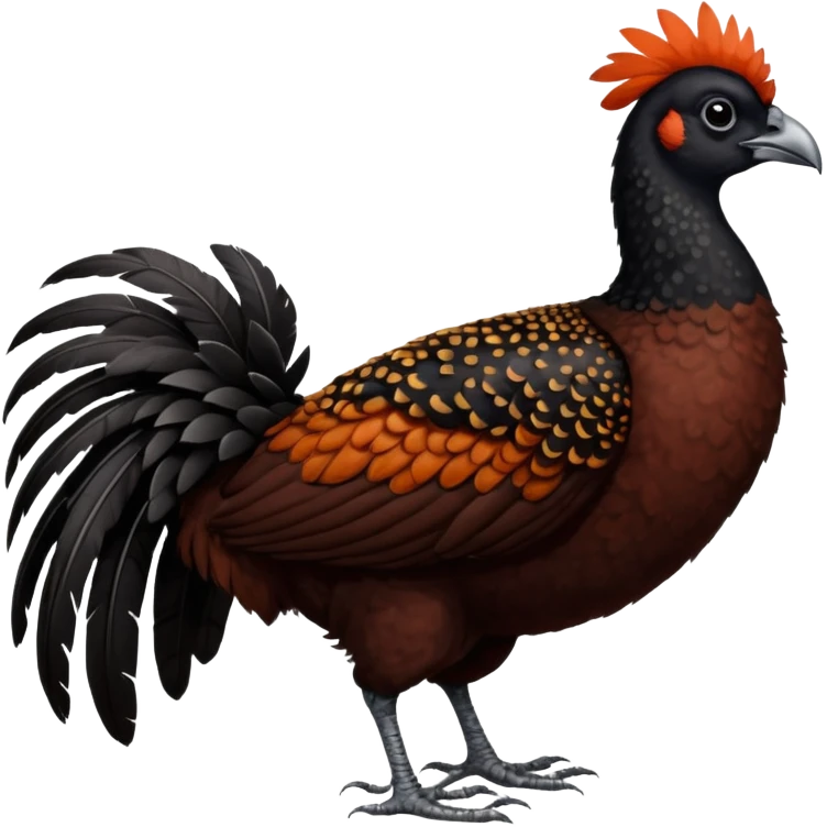 A full-body image of a large, dark-colored bird resembling a curassow or guam, standing on a white background. The bird's body is predominantly a rich reddish-brown or chestnut color, with a pattern of fine white speckling or barring emoji
