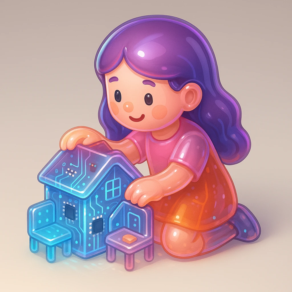 smiling girl arranging furniture in doll house emoji