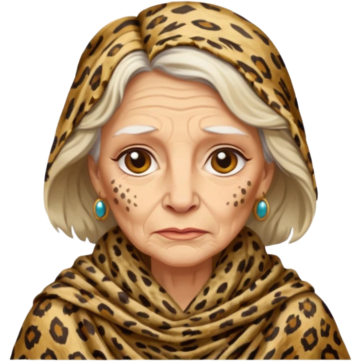 ancient white woman, tattered leopard skin shawl emoji
