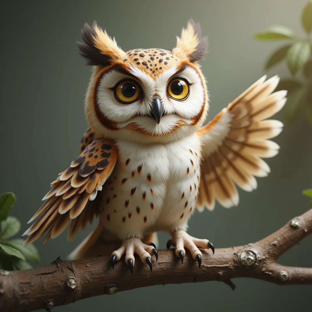 realistic owl perched on a branch, smiling and making the saranghae sign with one wing, detailed and naturalistic style emoji