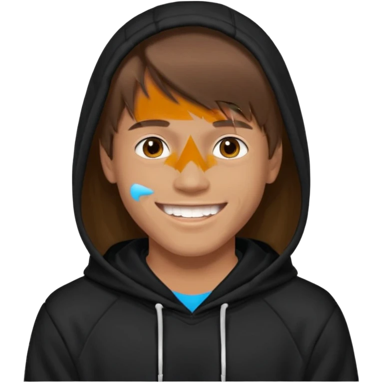 20 yr old man, brown hair, straight, big smile, white teeth, tanned skin, bangs, black hooded sweatshirt, long hair in back, middle parted bangs emoji
