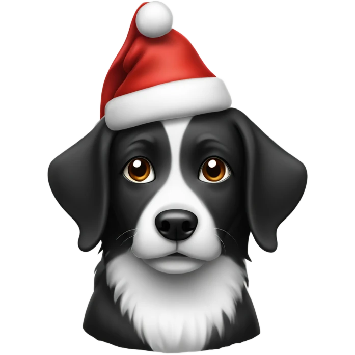 Black and white dog wearing a Christmas hat emoji