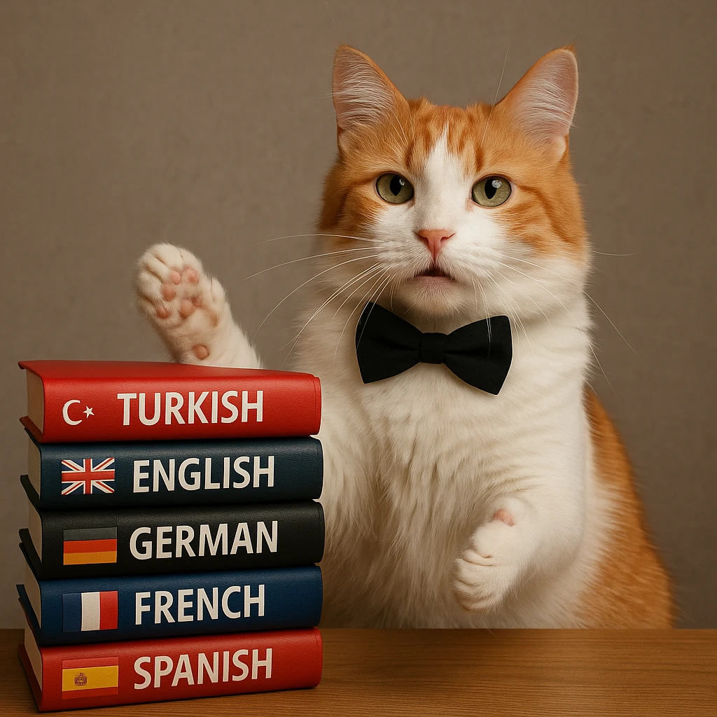 A Turkish cat with a stack of language books, wearing a bow tie, gesturing as if explaining something emoji