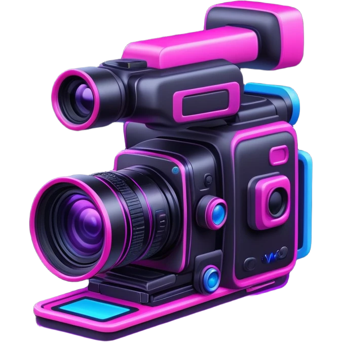 videographer's camera in pink color, with neon glow lines, blue neon glow on top left, purple neon glow on bottom right emoji
