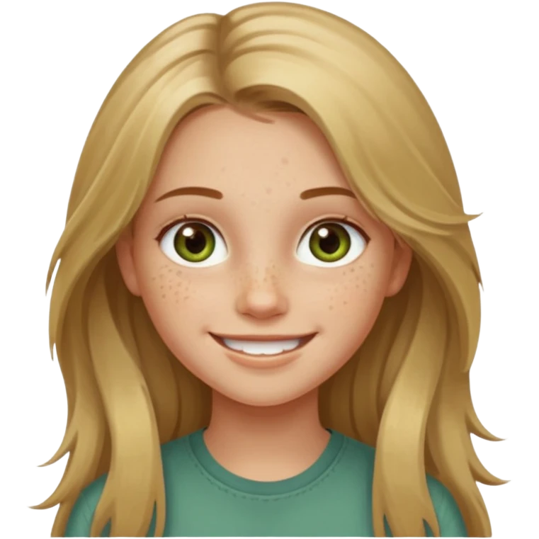 A smiling young girl with long dirty blonde hair and hazel green eyes emoji