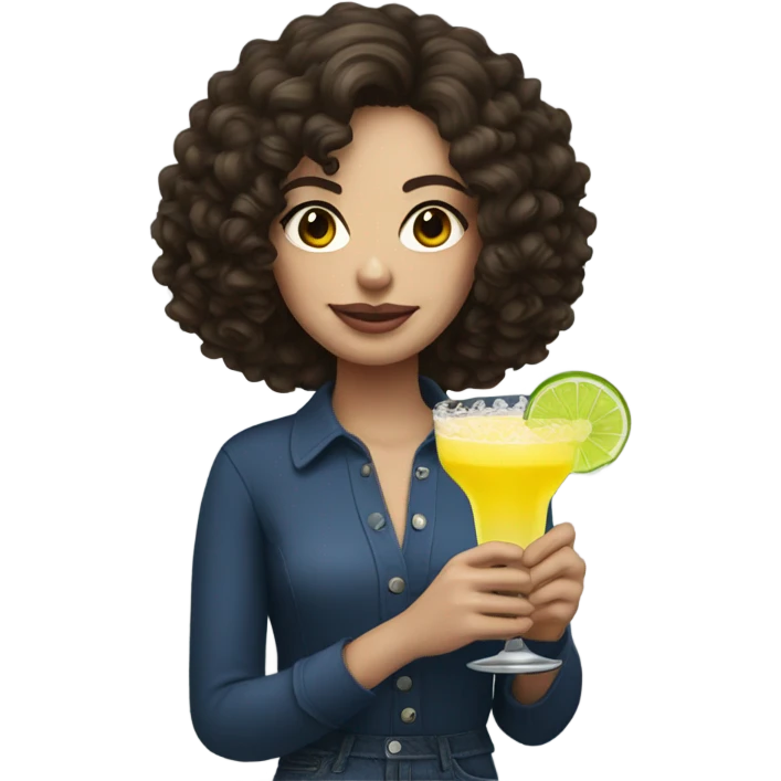 Curly hair, brunette with white skin holding a Margarita  emoji