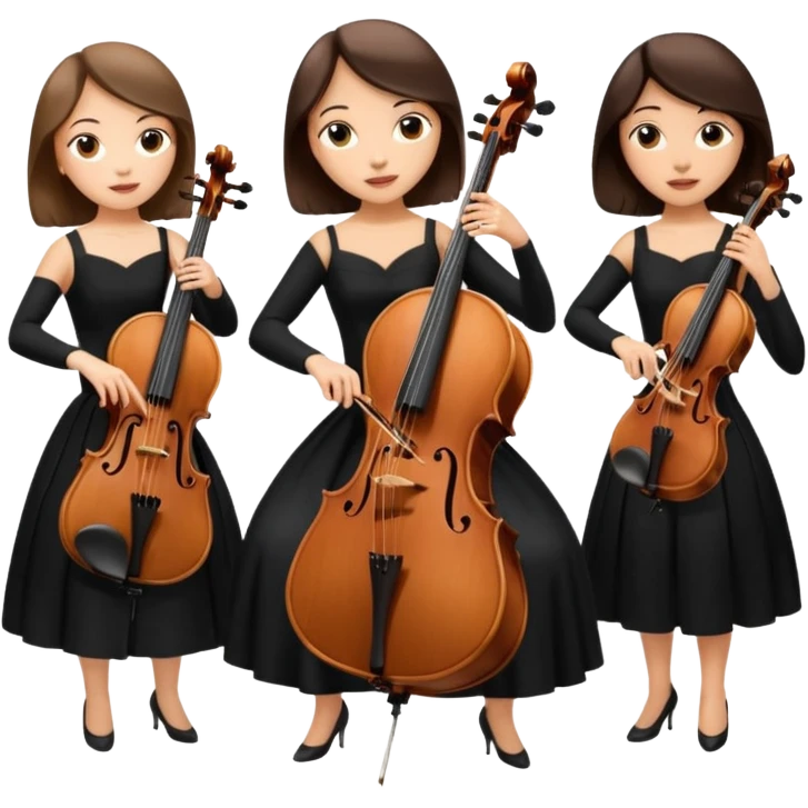 Create an imagine of three brunette women playing string instruments in black dresses, the first is playing a cello, the second is playing a viola and the third is playing the violin emoji