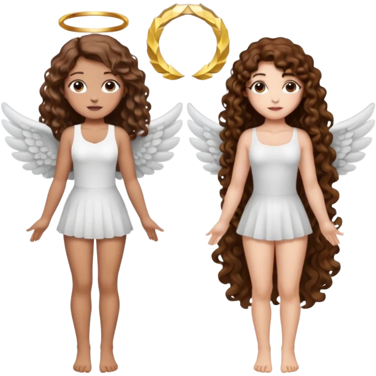 fake angel pose — long wavy brown hair tattooed woman and short tight curly brown hair woman — halo sparkle emoji