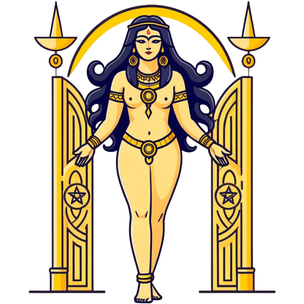 fullbody back view of Anunnaki goddess Inanna with long wavy black hair, ancient Mesopotamian star and gate symbols, naked back, and golden jewelry on wrists and ankles emoji
