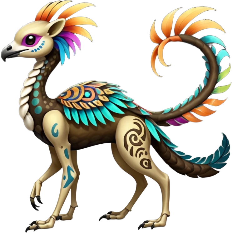 Rare realistic dark edgy glossy shiny tropical tribal patterned feathery skeletabadass epic pretty beautiful handsome gorgeous aesthetic colorful vibrant Vernid-Trico-species-Fakemon-creature by LiLaiRa, 4 legs, 1 tail, random markings, (full body) emoji