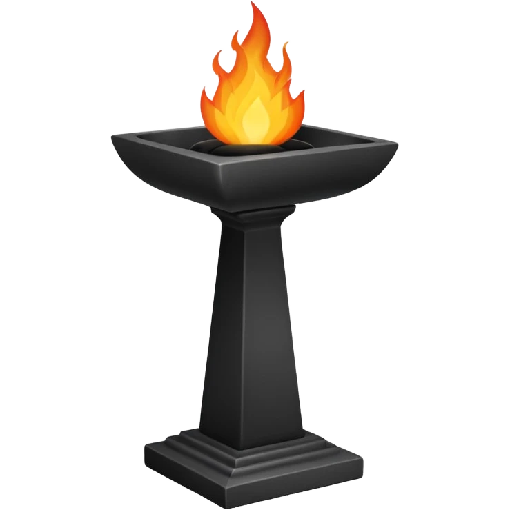 A minimalist stone pedestal with a tall rectangular base and a shallow black bowl on top, designed as a modern torch or brazier. Bright flames rise from the bowl emoji