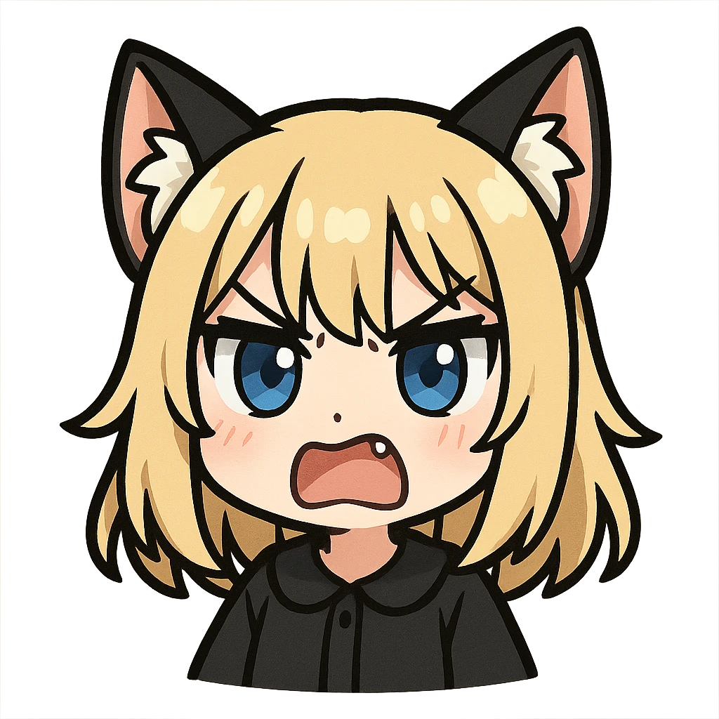 chibi anime catgirl with black and white cat ears, blonde hair, blue eyes, white skin, cute, angry expression, Twitch emote emoji