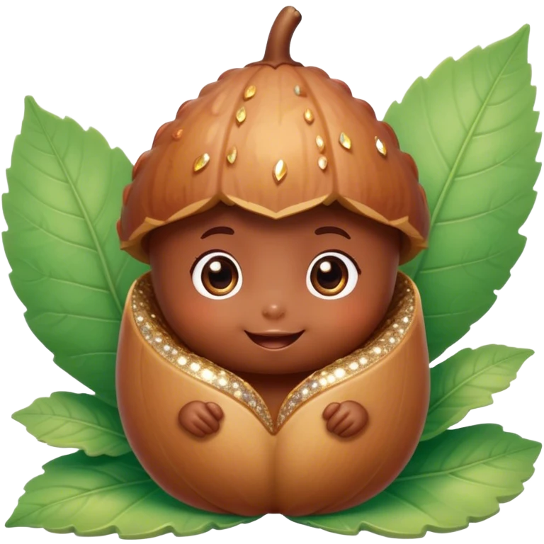 Cinematic tiny happy acorn, glossy brown, soft glowing highlights, tiny adorable face with big sparkly eyes, sitting on a pastel leaf, warm and cheerful. emoji