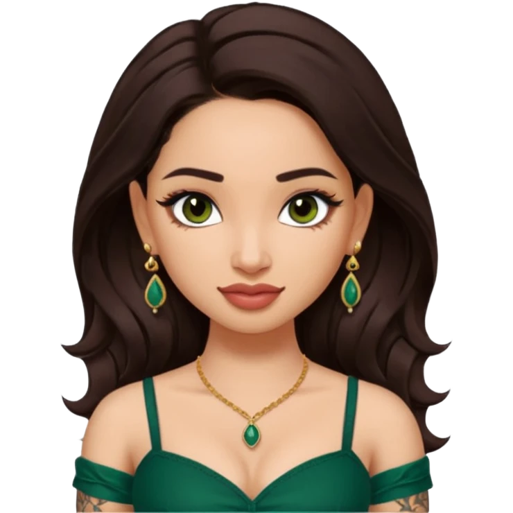 pretty bratz genmoji that looks like tamannah bhatia (bollywood actress), wearing a dark green sweetheart neckline top, dark brown hair, light makeup, no necklace, dangly earrings, side hair part, dark brown eyes, with tattoos emoji