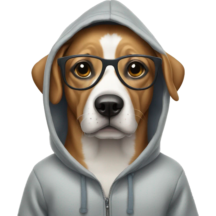 Dog wearing a hoodie with glasses emoji