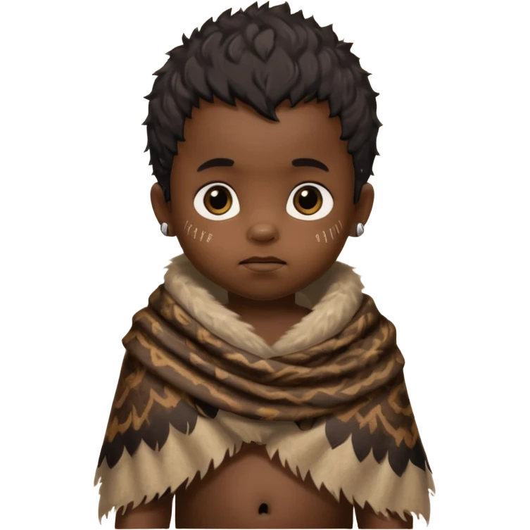 ancient hairy black baby tatooed boy, tattered animal skin shawl emoji