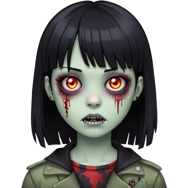 uma menina zumbi com cabelo preto e liso e uma franja. ela tem um estilo meio emo emoji