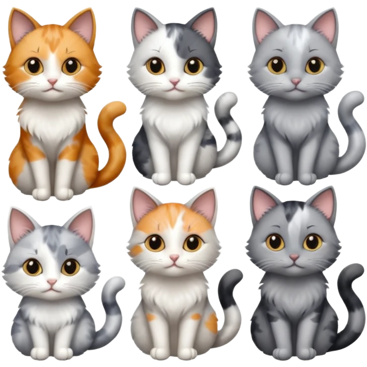 6 realistic looking cats with different natural coloured coats, assorted grey and white, greys, calico colours etc
 emoji