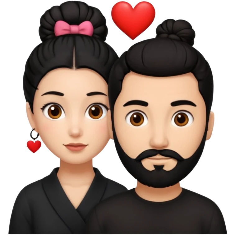 Create a woman with Brown eyes and black hair tied up in a bun and make a man next to her with brown eyes black hair and black beard and make hearts around them emoji