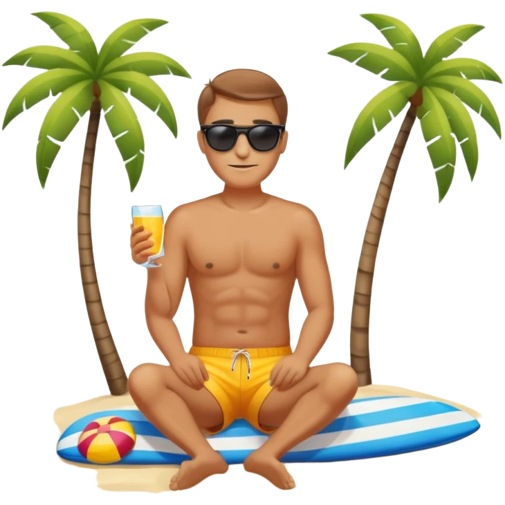 Man relaxing on beach with sunglasses and swim shorts emoji