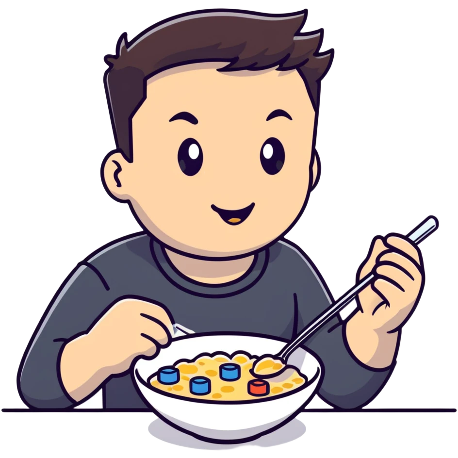 Elon Musk eating a bowl of cereal, tech entrepreneur with short dark hair enjoying breakfast emoji