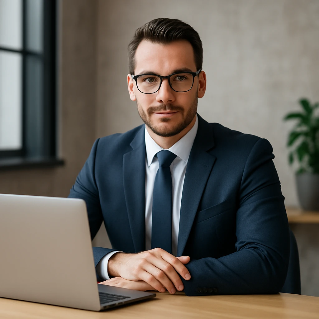 A 35-year-old male business coach sitting at a table with a laptop, professional and confident emoji