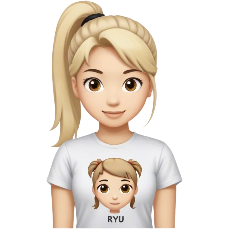 Beautiful girl smilling with big eyes, ponytail and "ryu" written on tshirt emoji