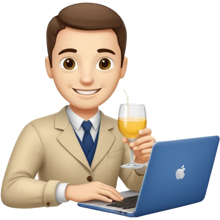 A friendly freelance character (male or neutral) working on a laptop while holding a glass of pastis/ricard (yellow drink with ice and lemon). The character should have a simple smiling face (no glasses), and should look energetic and creative. emoji