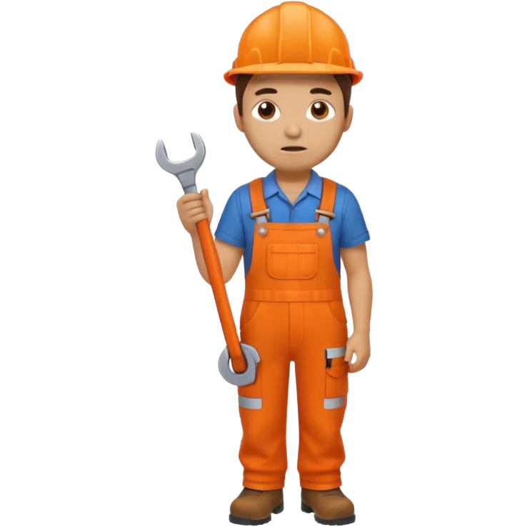 railway engineer, looking tired in orange overalls, boots, holding a spanner emoji