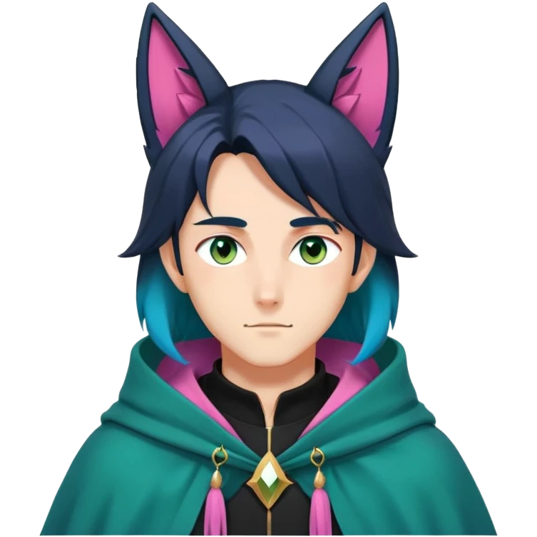 anime man with straight long dark-blueish-black-gradient hair, long black fox ears with pink Scapha, hazel-gradient-brown-turquoise eyes, gold earring hanging from fox ear, dark-blue-sweater, green cape,  emoji