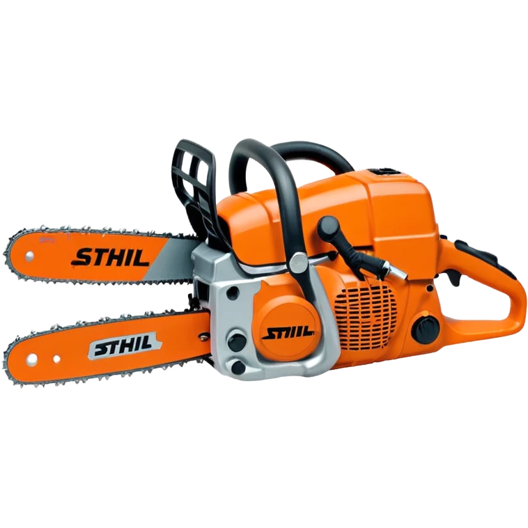 Kettensäge vom STIHL mit grauem Gehäuse, orangenem Deckel und schwarzen Griffen, die Schiene ist Grau mit Kette, seitlich ist das STIHL Logo in weißer Schrift in einem orangenem Kreis platziert emoji