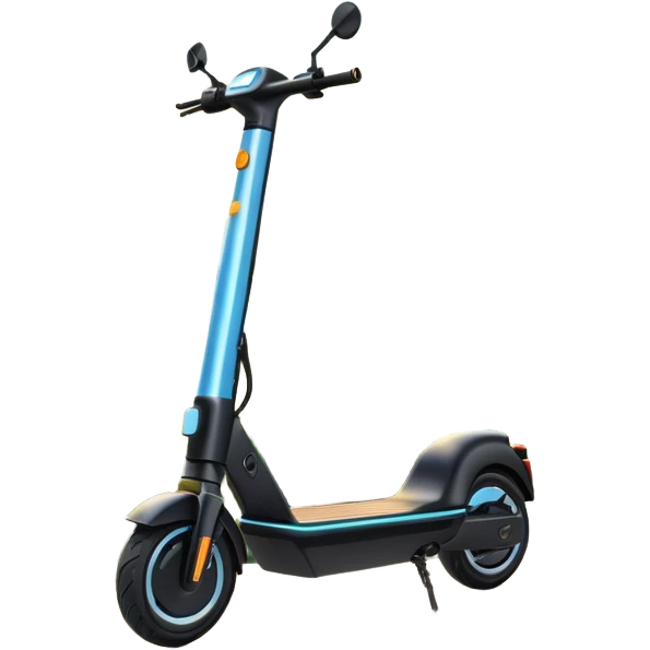 An icon featuring a sleek electric scooter parked on a scenic path. The background showcases a vibrant city park with green trees, flowers, and a clear blue sky. The sun sets in the distance, casting a warm golden glow on the landscape. Transparent background emoji