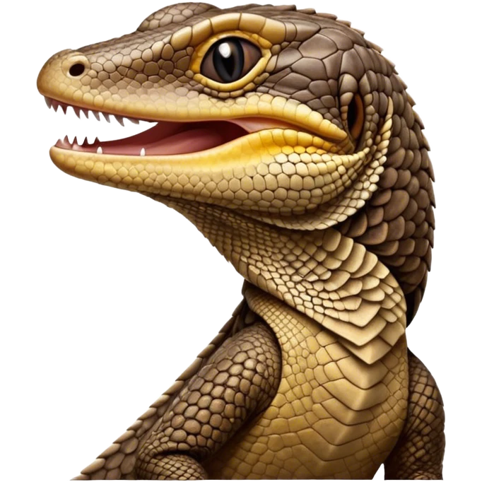 Cinematic Cute Yawning brown camo spotted monitor Lizard Portrait Emoji, Head tilted slightly with a dramatic, wide-open yawn, showcasing textured, patterned scales and sleepy, half-closed eyes exuding relaxed charm, Simplified yet irresistibly adorable features, highly detailed, glowing with a soft, cozy glow, high shine, relaxed yet expressive, stylized with a dash of whimsical wildness, soft glowing outline, capturing the essence of a drowsy yet affectionate reptile that appears ready to stretch out for a nap! emoji