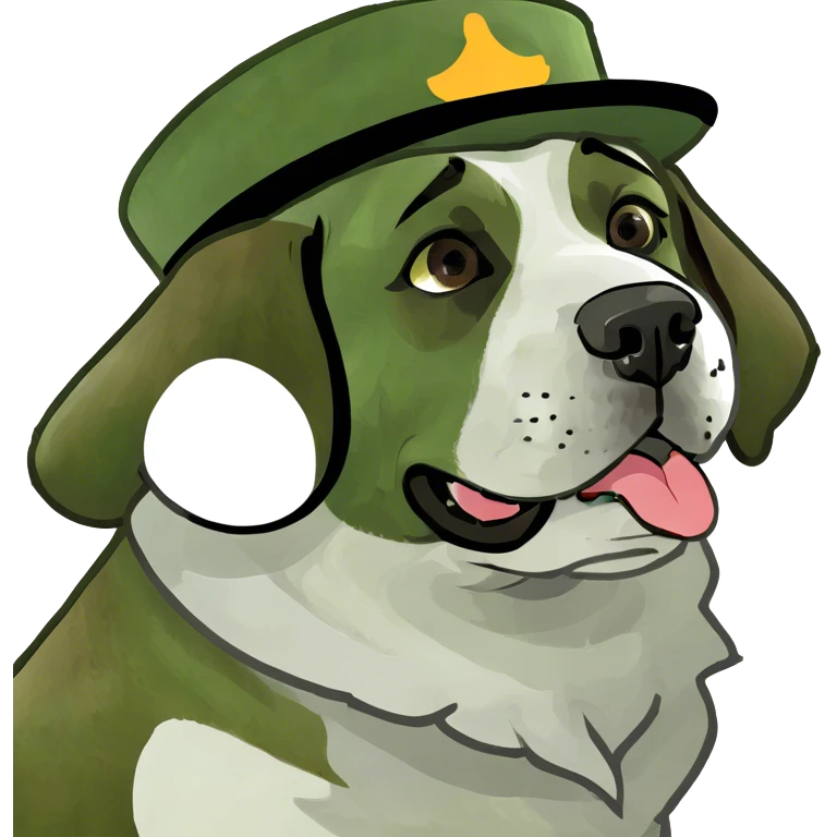 Brown & white Saint Bernard dog wearing a derby hat emoji