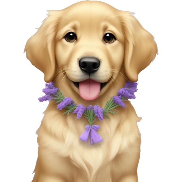 female golden retriever puppy with lavender neck garland emoji