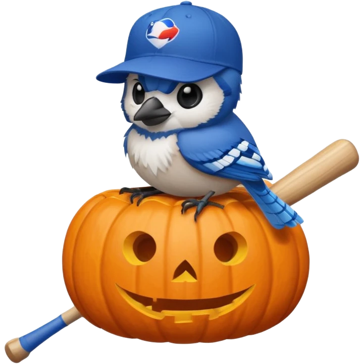 bluejay wearing MLB bluejay baseball hat perched on one blue baseball  bat sitting on a Halloween pumpkin  emoji