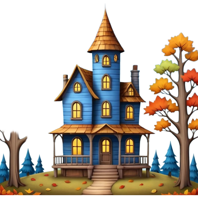  whimsical fantasy style scene of a tall skinny house among tall trees that are a mixture of lush and bare  trees that have a few colored fall leaves. Mysterious but warm inviting, clouded over blue quarter moon shape behind house. Still life very detailed & hyperrealistic  emoji