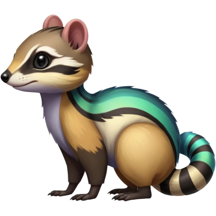 Colorful black and iridescent Cacomistle-Numbat-Ferret-hybrid-fusion-animal-creature, full body  emoji