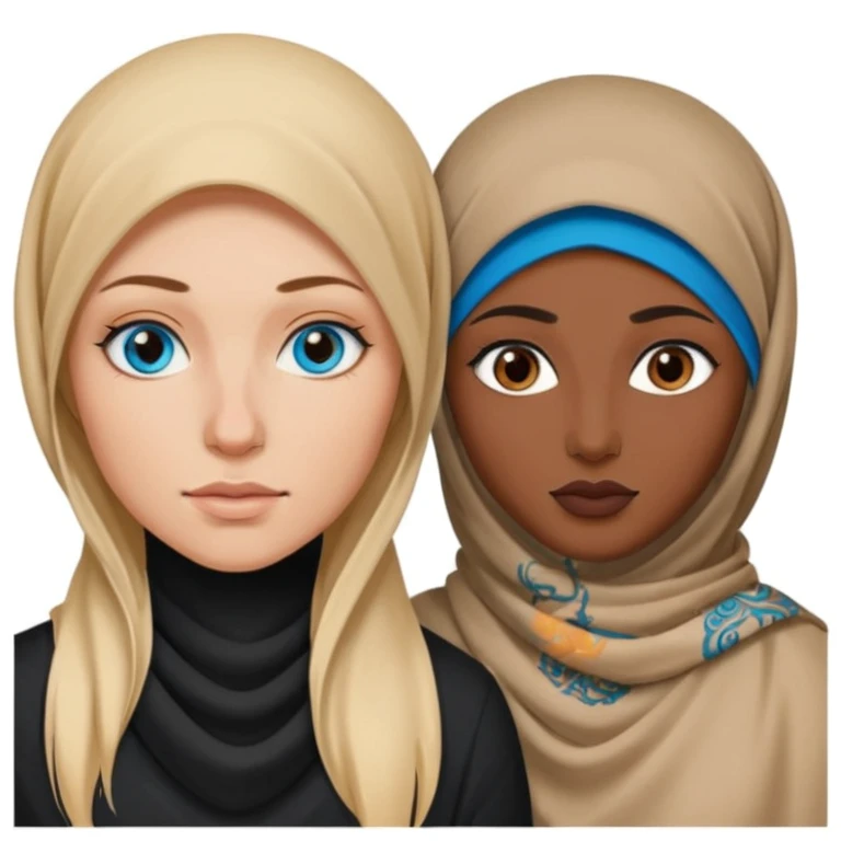 white girl with long blonde hair, blue eyes, tattoos, a septum nose piercing next to a dark skinned woman in a hijab with brown eyes emoji